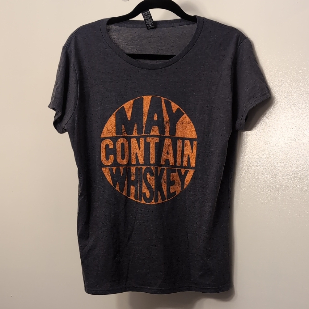 🛍️Dark Gray Tee with Bold Orange Print- May Contain whiskey- Never Worn